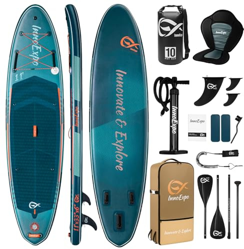 InnoExpo 11' Inflatable Stand Up Paddle Boards with Premium Accessories, Wide Stable SUP Paddle Board Design, Non-Slip Comfort Deck for Youth & Adults (Futuristic/Kayak Seat)