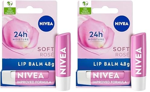 NIVEA Soft Rose Lip Balm (4.8g), Lip Balm with Shea Butter, Natural Oils and Vitamins, Lip Care Offers 24h Deep Moisture and Underlines Natural Rosiness of Lips (Pack of 2)