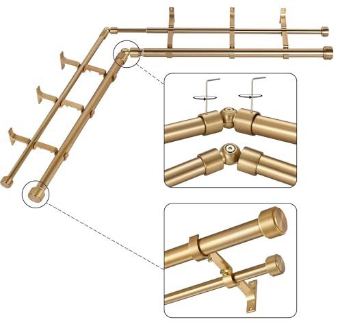 Mayrhyme Warm Gold Double Corner Window Curtain Rods with Aluminum End Cap Finials and Brackets,1 Inch Diameter Dual Bay Window Curtain Rods, Adjustable 2 Sided 32-86 Inch Double Drapery Rod