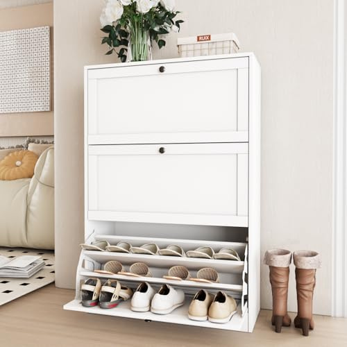 VOWNER Meuble Chaussures, Meuble de Rangement à Chaussures Armoire, Commode à Chaussures, Meuble d'entrée Rangement pour Chaussures, 80 x 117 x 30 cm, Séparateurs Réglables, pour Entrée (Blanc)