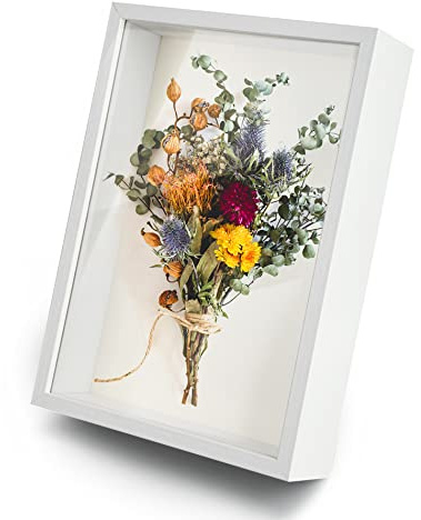 Marco de fotos 3D de 23 x 32 cm, profundidad: 6 cm, para objetos de hasta 6 cm, marco profundo con cristal transparente, para colgar en la pared o en la oficina, color blanco