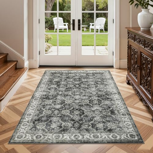 LuxFocus Green Vintage Rugs 80x150cm Washable Bedside Rug Low Pile Carpet | Stain Resistant,Living Room Rugs, Soft Low Pile Oriental Carpet, Non Slip Traditional Carpets for Bedroom Kitchen Hallway, Gr