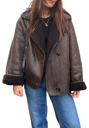 Generico Giacca oversize in similpelle con fodera in pile per donna – Cappotto invernale corto con revers in montone