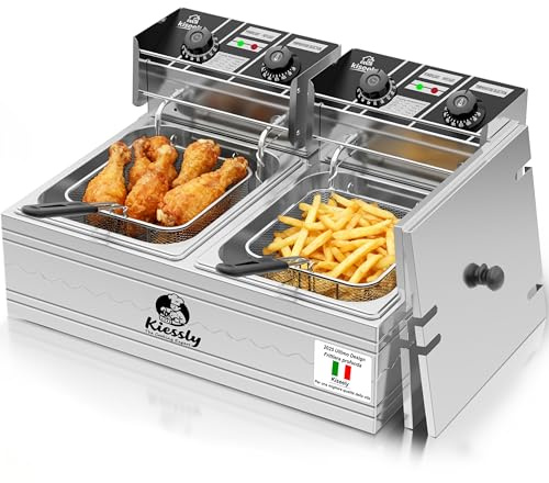 Friggitrice elettrica da 20 litri, friggitrice commerciale da 3500W con cestelli, friggitrice a doppia vasca in acciaio inossidabile con controllo del tempo e della temperatura (Double Fryer 20L)