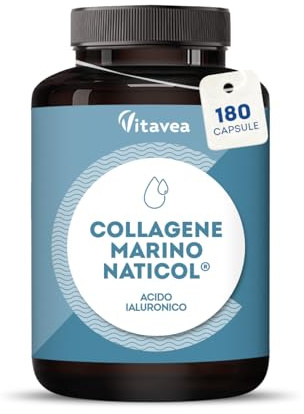 Collagene Marino Naticol® 800 mg + Acido Ialuronico e Vitamina C – Pelle, Ossa e Cartilagini – Collagene Marino Brevettato – 180 Capsule (2 Mesi di Trattamento) – Senza Glutine – Vitavea