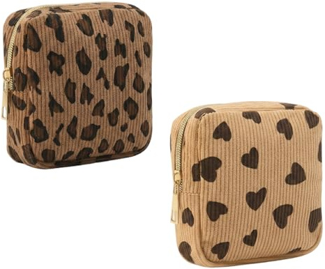 2 bolsas pequeñas para artículos de higiene, pequeñas bolsas de cosméticos, mini neceser para el bolso, bolsa para períodos con cremallera, juego de 2 con estampado de leopardo y diseño de corazón