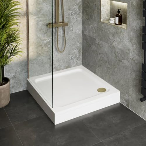 Hydrolux® 760 x 760 x 140mm White Bathroom Shower Tray for Enclosures Cubicles & Wet Room with Brushed Brass Waste + Riser Kit, Square