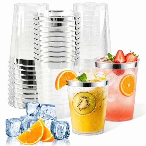 Shyllin Set med 30 stycken återanvändbara muggar, 300 ml muggar, för födelsedagsfest, tillbehör, cocktailglas, plast, perfekt för födelsedagar, bröllop och sommarfestivaler (silver, 300 ml)