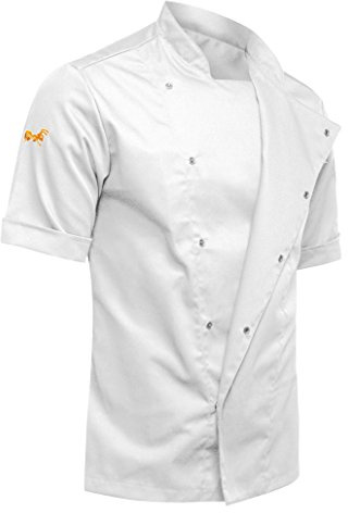 strongAnt Giacca cottone da Cuoco da Uomo Slim Fit Stretch BW con Bottoni a Pressione, Giacca da Fornaio - Manica Corta - Bianco, M