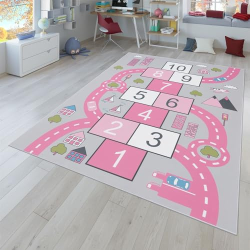 TT Home Tappeto da gioco per la camera dei bambini, con strade e con il gioco della Campana, in rosa, Dimensione:80x150 cm