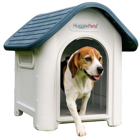 HugglePets Plastic Dog Kennel Outdoor & Indoor (87 x 72cm - Grey) Raised & Ventilated Weatherproof Cat or Dog House Pet Shelter. Lightweight & Durable, Easy to Assemble & Clean.