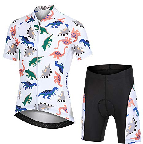SXSHUN Kids Cycling Jersey Set Children Biking Tracksuits Multiple Design Short-Sleeve Bike Tops + Boy Bicycle Shorts for Age4-14.