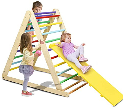 Costzon Foldable Climbing Toys for Toddlers, 3 in 1 Montessori Wooden Triangle Climber for Sliding & Climbing, Kids Indoor Climbers & Gym Play Structures for Boys Girls Gift Present