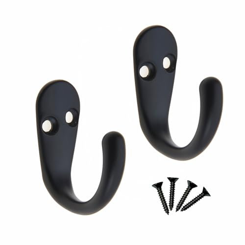 Select Hardware 2X Single Robe Coat Hooks with Screws, Matte Black, Door & Wall Mountable for Bathroom Bedroom Living Room Hallway (Pack of 2)