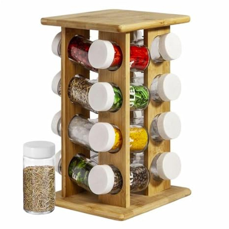 Avilia Kryddhylla på svängbar bas - köksset med 16 glas och bambuburkar | Kryddhylla med 360° roterbar bas | Kryddorganisatör med elegant design