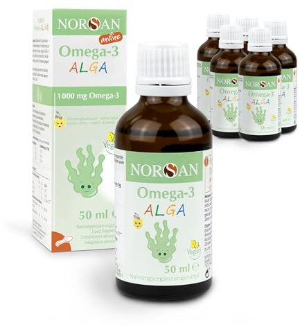 NORSAN Omega 3 ALGA Öl vegan 3er Pack (3x50ml) - hochdosiertes Omega 3 vegan für Kinder 1.000mg pro Portion -Algenöl reich an DHA - Tagesdosis 2 ml ab 35 kg