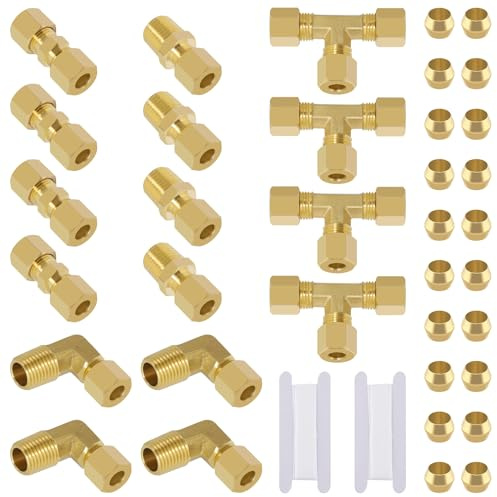 TRUSTKITS 1/4OD x 1/4OD Brass Compression Tube Fittings, 1/4 Compression Union Tee, 1/4OD x 1/4NPT Compression Fitting Straight Coupling Adapter, 90 Degree Elbow with Sleeves Ferrules 38 PCS