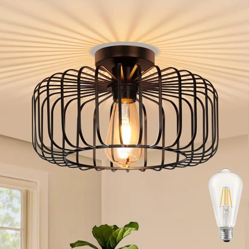 SERBASIC Deckenleuchte Schwarz Deckenlampe LED mit Glühbirne, Wohnzimmerlampe Decke Modern aus Metall E27 Lampe Decke Deckenlampe Vintage Deckenleuchte Industrial für Küche Flur Schlafzimmer Esszimmer