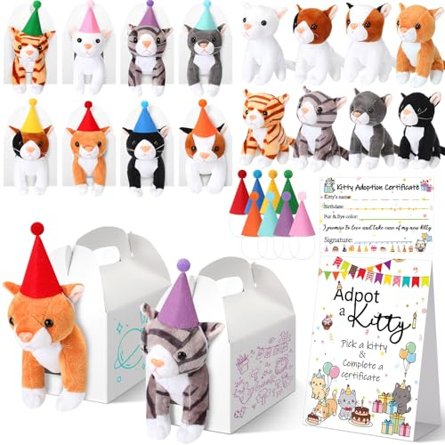 HyDren 33 Pcs Adopt Party Favors Include Adoption Sign Animal Adoption Plush Certificate Pet Stuffed Birthday Hats Paper Boxes White for Adopt an Animal(8 Cat)