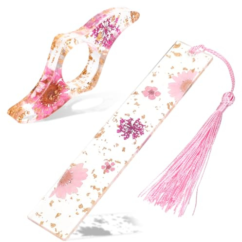 Yuanchu Lot de 2 marque-pages en fleurs en résine, personnalisés, porte-pages et marque-pages en fleurs pressées avec pompon, mignon, accessoires de livres pour les amoureux de la lecture, les