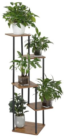 LEADZM 5 Etagen Pflanzenständer Blumenständer, Metall Holz Blumenhocker Blumentreppe Blumenregal, Blumentopf Ständer Pflanzentreppe für Balkon Garten Wohnzimmer, Schwarz (Schwarz, 5 Etagen)
