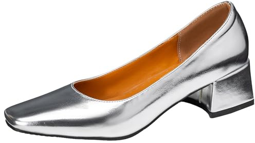 Lizoleor Decollete Donna Tacco Largo Tacco Grosso Punta Quadrata Scarpe Senza Chiusura Festa Comodo Eleganti Pianta Larga Argento Numero 38 EU/39CN