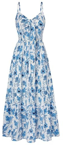 GRACE KARIN Damen Übergröße Lockere Passform Strandkleid Ladies Geraffte Hohe Taille Kurzarm Blumenkleid Vintage Mittelalter Kleid Blaue Blume-Weiß L