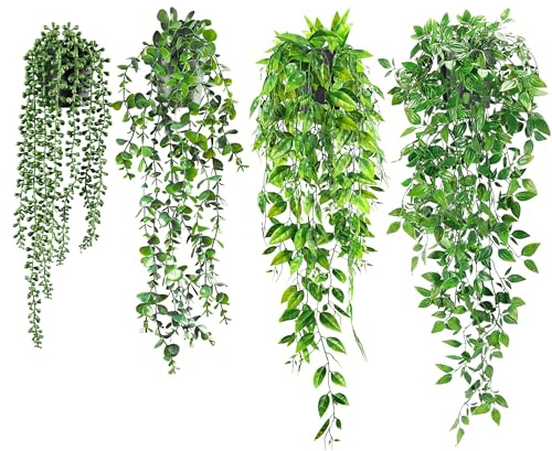 USLAI Artificial Hanging Plants Vine, Fake Potted Greenery Faux Eucalyptus, Mandala, String of Pearls, Pea Pod Leaves in Pot for Office Living Room Bathroom Indoor Outdoor Décor (4 Pack)