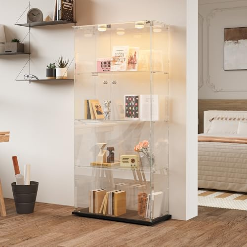 FOERPL Mobile vetrina vetro, vetrina vetro 4 strati armadio vetrina con serratura 163 x 35 x 78,5 cm vetrina vetro LED vetrina in vetro per collezione con porta mobile vetrina soggiorno trasparente
