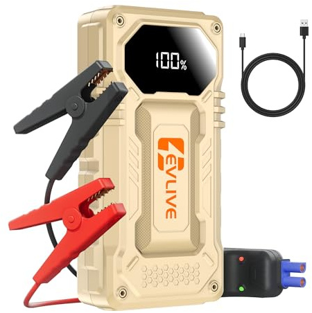 EVLIVE Arrancador de Batería de Coche - Arrancador de Batería Portátil 12V (hasta 9L Gasolina/8.5L Diésel) - Power Bank con Carga Rápida, Linterna LED 3 Modos, Pinzas Inteligentes