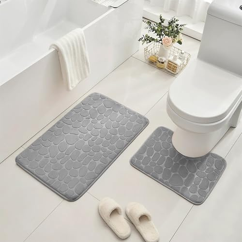 AMFUN 2PCS Juego de Alfombra BañO, 50*80 cm Alfombrilla bañO, 40*50 cm Alfombrilla de Inodoro, Gris Claro Patrón Guijarro, Antideslizante, Espuma Viscoelástica, Lavable a Máquina, para Bañera, Baño