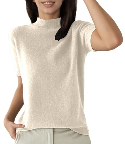 Pull à Manches Courtes, Coupe Classique Femme Pull Col Roulé Femme Léger Manches Courtes Tee Shirt Top Haut Ajusté Moderne Col Montant sous Pull Basique Pullover Vintage Chic