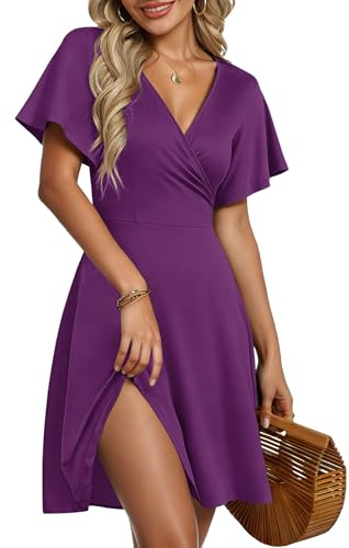 AUSELILY Robe d'Été pour Femmes Robe Portefeuille à Manches Courtes Volantées avec Col V, Imprimé Floral et Croisement Devant pour la Plage