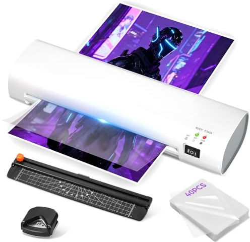 A4 termisk lamineringsmaskin 23 cm bärbar, anti-sylt laminator med inbyggd trimmer och hörnrundare, komplett lamineringssats med 40 ark för hem, kontor, skola, företag vit