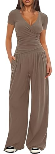 amropi Donna Maniche Corte Pieghe Maglietta con Scollo a V e Pantaloni a Gamba Larga Completo Estivo Tuta 2 Pezzi Set Khaki, XS