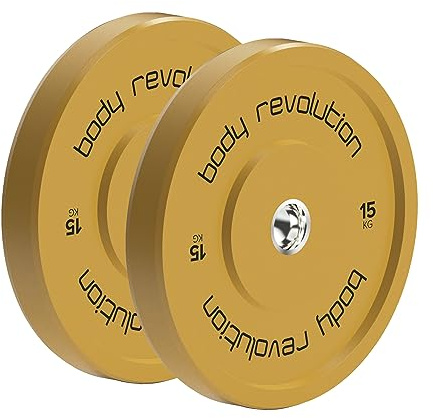 Kroppsrevolution olympiska gummi stötfångare viktplattor – färgade viktskivor för 6 cm skivstång – för crossfit & tyngdlyftning – olika viktvariationer säljs separat 15kg pair