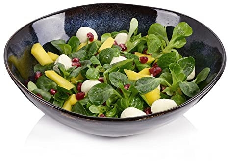 Sänger | Salatschüssel Tokio 1 tlg, Servierschale Steingut, Servierschüssel Spülmaschinenfest, Handmade Schüssel Groß, Große Salatschüssel Blau-Schwarz mit Braunen Akzenten 1,8L | PREMIUM COLLECTION