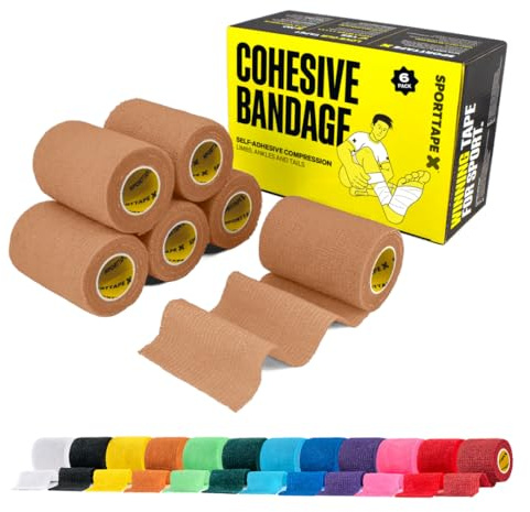 SPORTTAPE 6 Rolls Self-Adhesive Cohesive Bandage, 7.5cm x 4.5m, Beige | Compression & Vet Wrap for Dogs, Horses, Sports Stretch Tape for Football, Ankles, Joints, Fingers, Wrists & Sock Tape