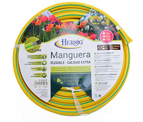 HERSIG - Manguera Jardin - Manguera Jardin 25 Metros (Amarillo 1/2” Ø12,5 mm) - Mangueras de Agua con 3 Capas - Presión 7 BAR - Mangueras de Jardín Flexible y Resistente - Uso Exterior