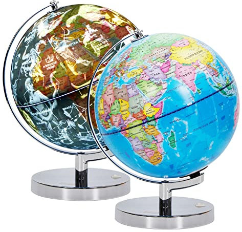 Exerz 23cm Leuchtglobus Metallsockel - Deutsche Karte - Schülerglobus Mit Kabelfreier LED-Beleuchtung Bei - Politische Karte (Tageszeit) - Konstellation Sterne (Nacht)