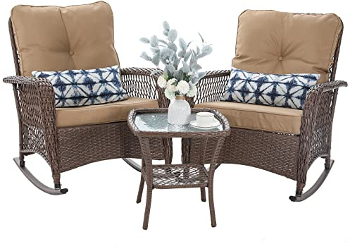 VONZOY Patio Furniture Set 3 Pieces, Wicker Rocking Bistro Set with Thick Cushions, Outdoor Rocker Chairs and Coffee Table for Porch, Backyard or Garden (Khaki)