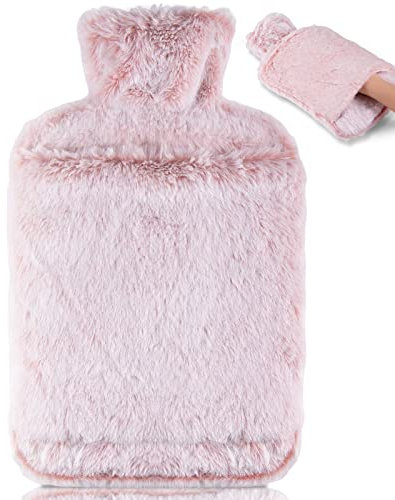BOLEi Wärmflasche mit Weichem Bezug –Auslaufsicher 2L Groß Wärmflaschen mit Känguru-Tasche,Naturkautschuk +Bettflasche Flauschig (Rosa)