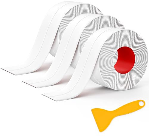 Mokani Bath Sealant Strip, 3 Rolls Bathroom Sealant Tape, Self Adhesive Caulk Strip, Waterproof Sealing Tape for Kitchen, Sink, Bathtub, Toilet, Shower, Wall Corner with Sealing Tool, White (11FT)