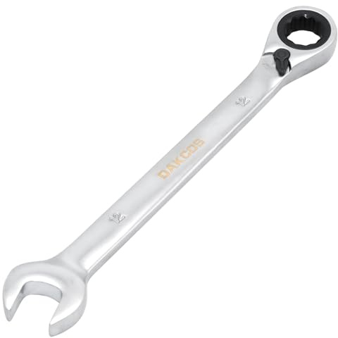 DAKCOS Fast huvud vändbar spärrnyckel 12 mm, kombinationsnyckel, skiftnyckel med matt kromfinish, CR-V