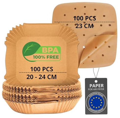 Backpapier für Heißluftfritteuse BPA-Frei 20-24cm | quadratisches Papier in der Auflaufform(20-24cm) und flaches Papier(20cm) Airfryer Backpapier (100+100 / Quadrat+Flaches Papier)