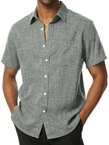 PARKLEES Men's Linen Summer Casual Cotton Regular Fit Shirt | for Vacation, Fashion, Beach, Holiday, Short Sleeve, Button Down, with Pocket, Button Up