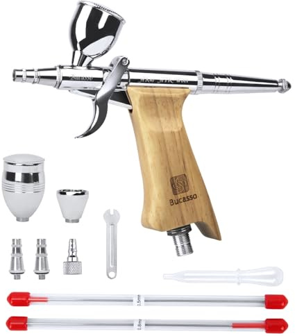 Bucasso Kit aerografo, pistola a spruzzo con aghi da 0,3/0,5/0,8mm e set di ugelli, tazza di fluido sostituibile da 3/7/11cc per la pittura di modelli di unghie per il trucco del tatuagg (W001-B)