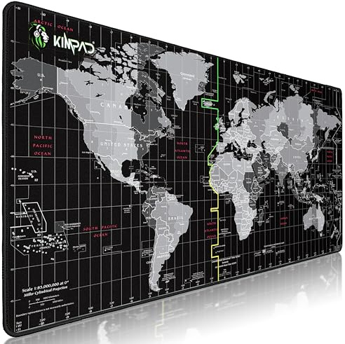 Kimpad World Series Gaming XXL musmatta – hastighet och kontroll – världskarta 900 x 400 x 4 mm naturgummi – förbättrar precision och hastighet – extremt hållbara kanter – vattentät musmatta