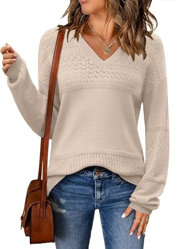 Zeagoo Womens Long Sleeve Sweater Fall Soft Knit Jumper V Neck Elegant Loose Sweatshirt Thin Plain Knitwear Pullover Light Brown M
