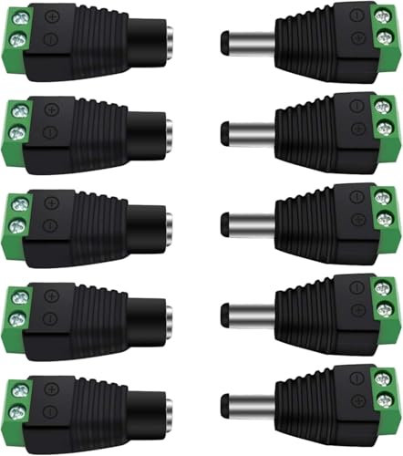 Plimbin 10 Pack 5.5mm x 2.1mm 12V Male Female DC Power Connector, Barrel Female Male DC Jack Plug Adapter Screw Terminal Connector for CCTV Security Camera LED Light Strips
